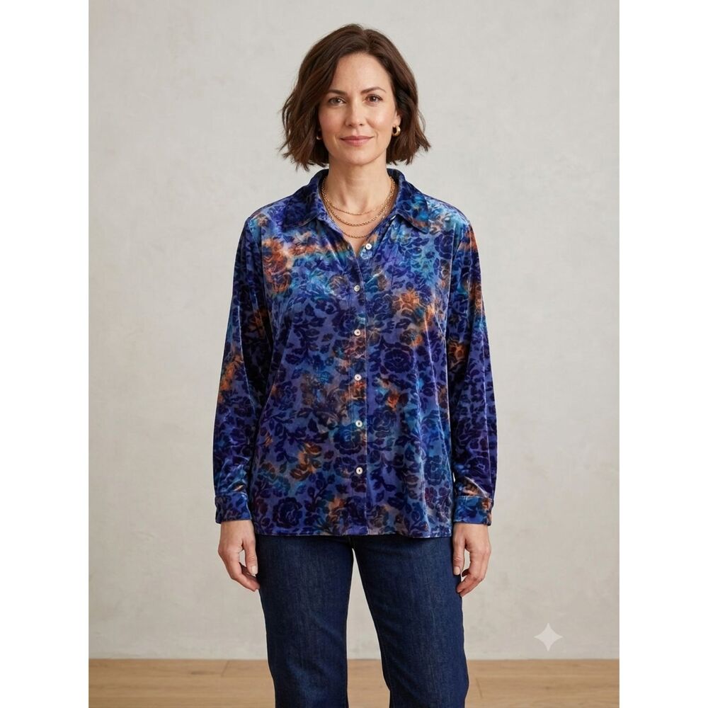 Womens Button Down Top Velvet Burnout Sz 2X Floral Casual Modest Dark Romantic